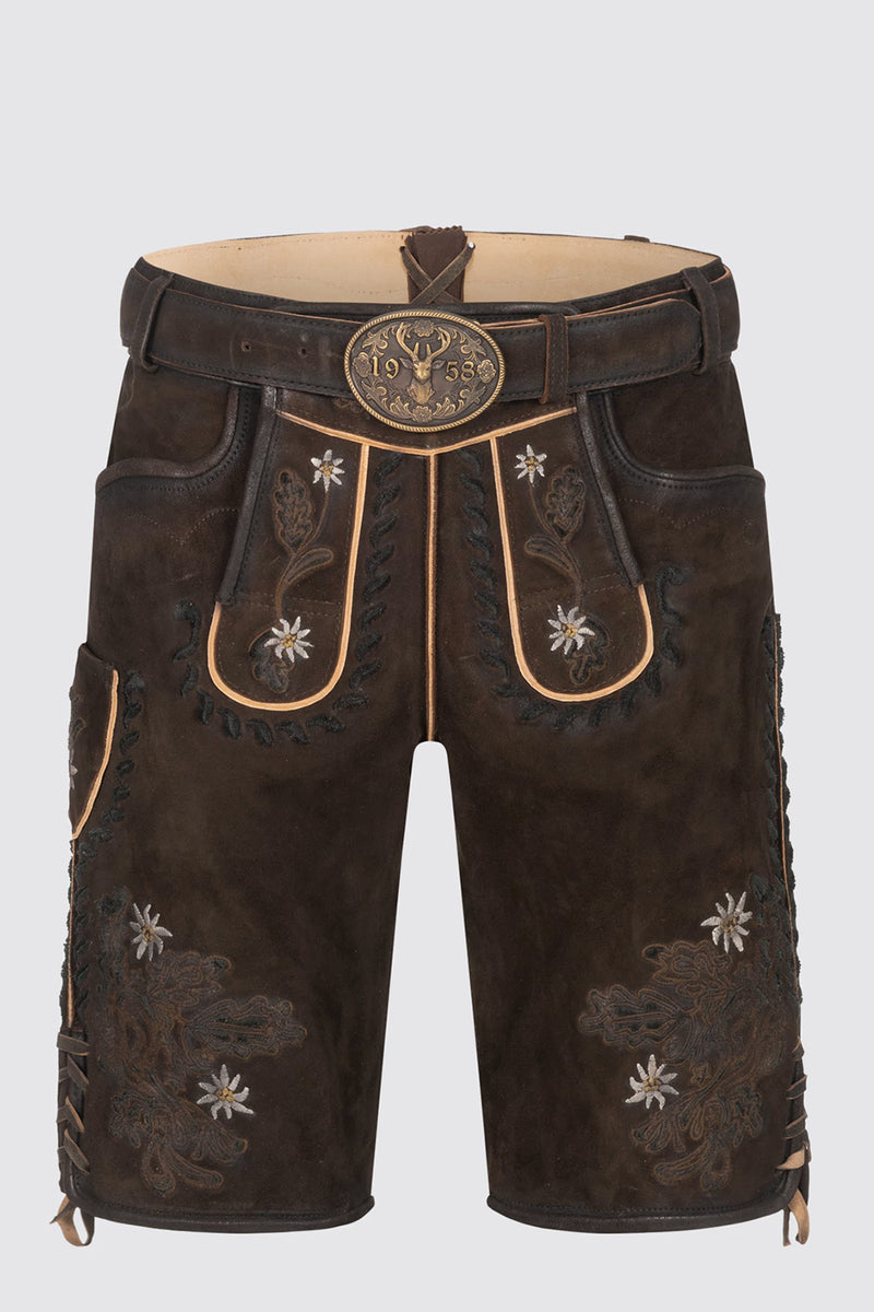 Krüger Herren Lederhose Kurz Magnus - Braune Trachtenhose Mit Gürtel & Stickerei