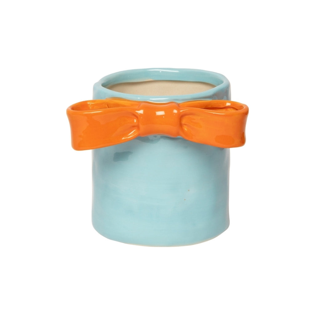 Blumentopf mit Schleife Eja Hellblau Orange Keramik