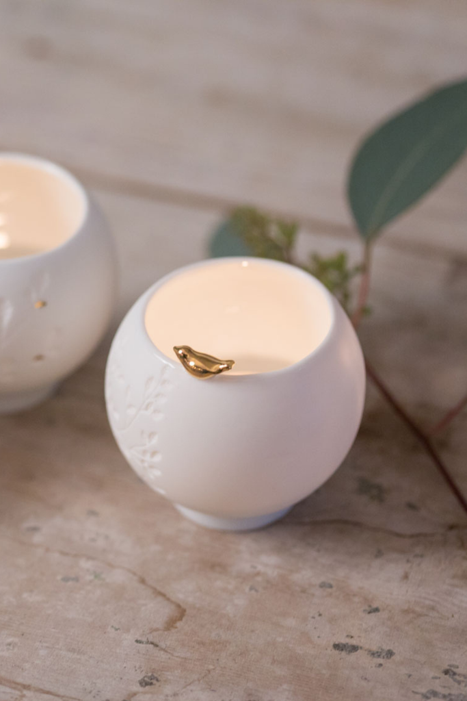 Teelicht Porzellan "goldener Vogel" - 12556 - Räder Design-dquadrat