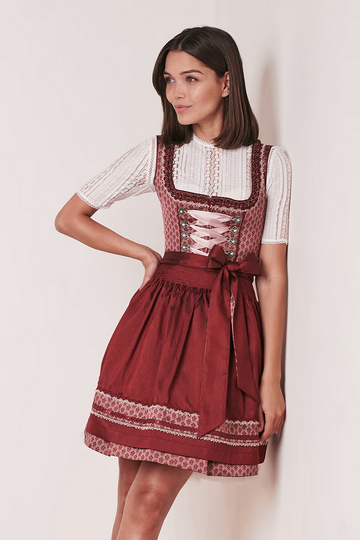 Dirndl in Bordeaux mit rosa Zierborten und Miederschnürung