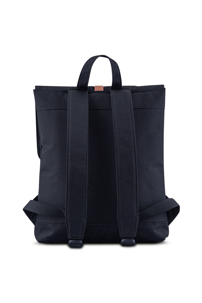 rucksack schwarz mit braunen lederdetails vegan/aus PET Flaschen