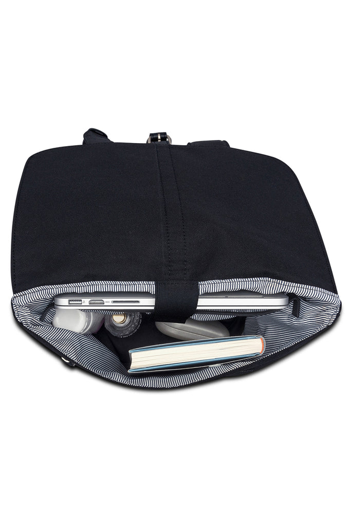 rucksack schwarz mit braunen lederdetails vegan/aus PET Flaschen